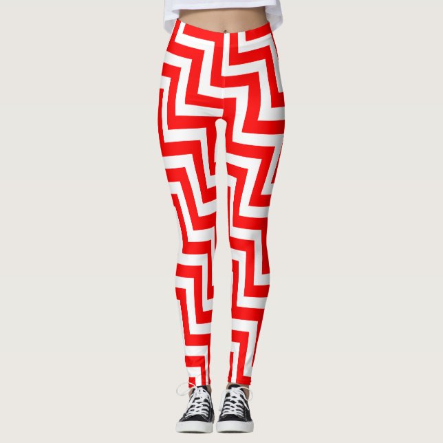 Leggings Chevron rouge et blanc de taille moyenne (Devant)