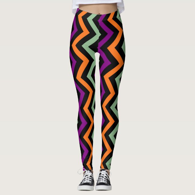 Leggings Chevron vertical citrouille, violet, vert et noir (Devant)