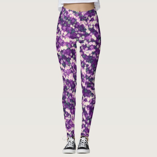 Leggings Chic Abstrait Motif Floral Rose Et Blanc Violet (Devant)