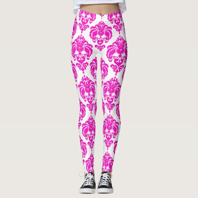 Leggings Chic Damassé Blanc Rose Chaud Moderne Élégant Moti (Devant)