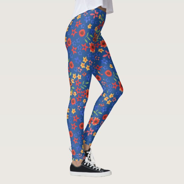 Leggings Chic Floral Retro Imprimé Mamie sur Fond Bleu Roya (Droite)
