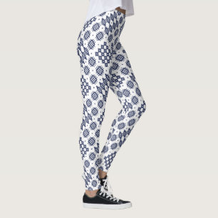 Leggings Chic gallois Faux Tapestry Navy Bleu sur blanc