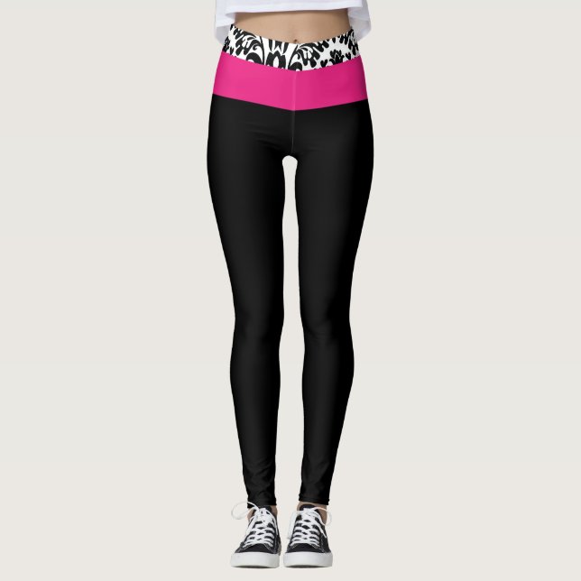 Leggings Chic Gym Lounge rose vif noir et blanc damassé (Devant)