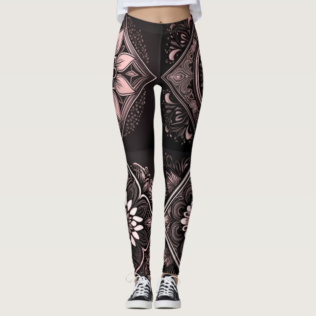 Leggings Chic Noir Rose et Blanc Mandala  (Devant)