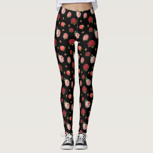 Leggings Chic Rose Vintage Cute Black Floral Retro Motif