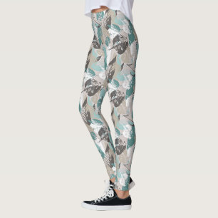 Leggings Chic Turquoise bleu vert Taupe Brown Feuille Motif