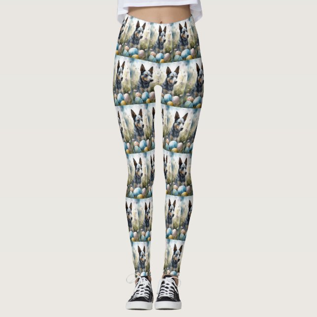 Leggings Chien Heeler bleu avec oeufs de Pâques vacances (Devant)