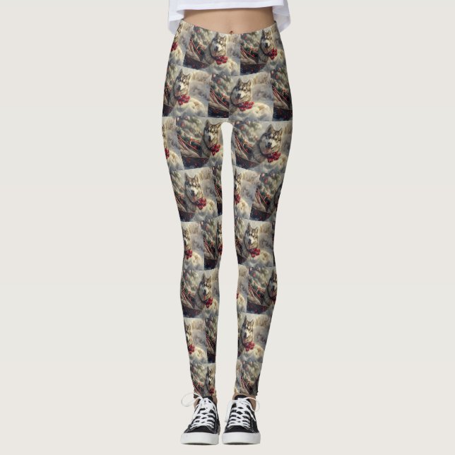 Leggings Chien Husky Sibérien Noël Festif (Devant)