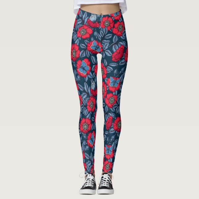 Leggings Chien rose et papillons en bleu et rouge (Devant)