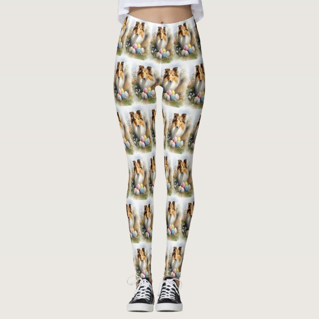 Leggings Chien Rough Collie avec œufs de Pâques vacances  (Devant)