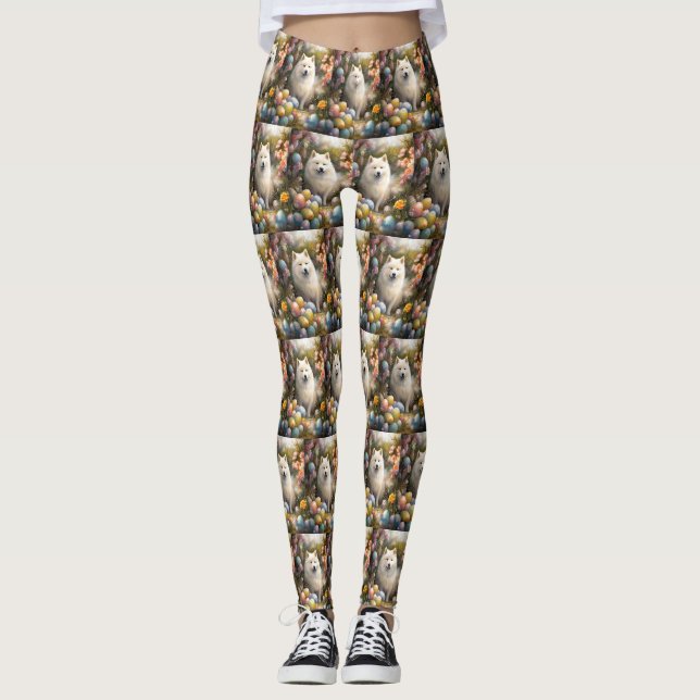 Leggings Chien Samoyède avec œufs de Pâques vacances (Devant)