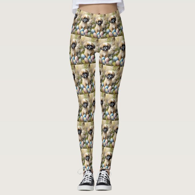 Leggings Chien Shih Tzu avec Oeufs de Pâques Fête (Devant)