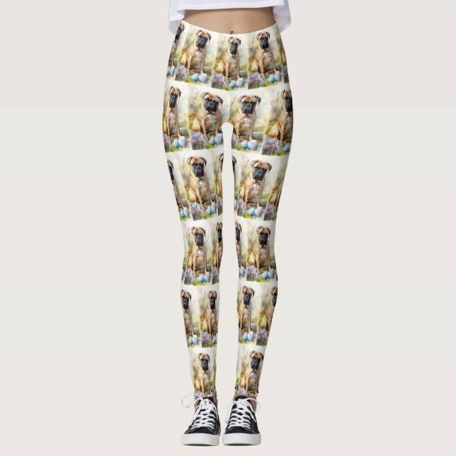 Leggings Chien taureau Mastiff avec Oeufs de Pâques Fêtes (Devant)