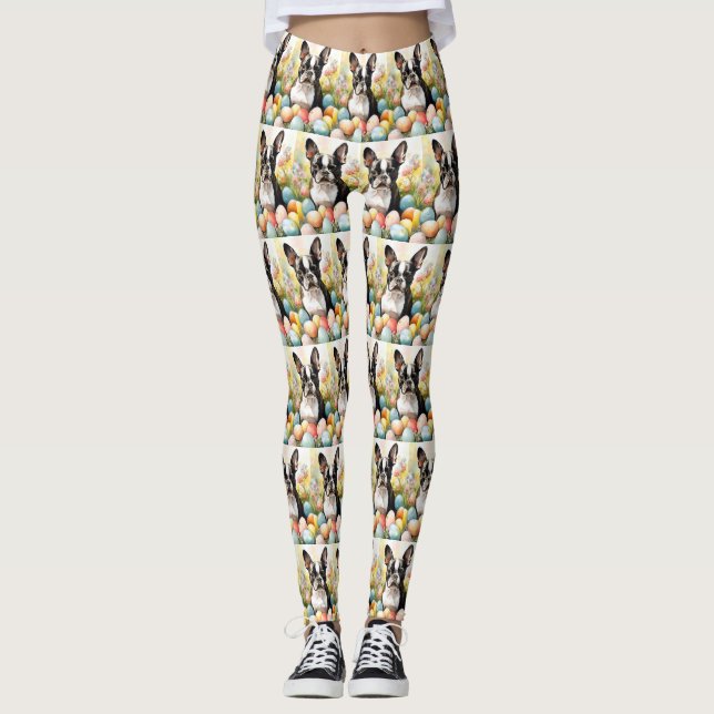 Leggings Chien Terrier de Boston avec œufs de Pâques vacanc (Devant)