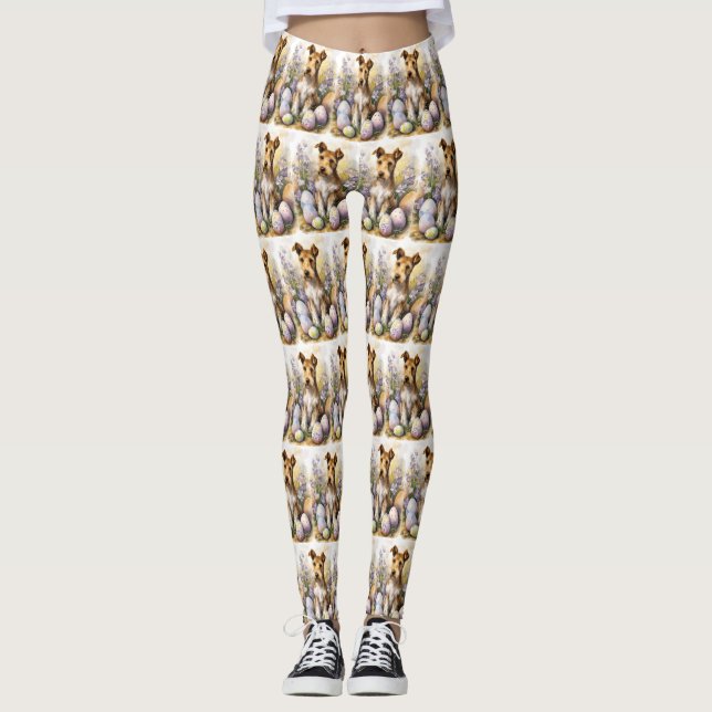 Leggings Chien Terrier Wirefox avec œufs de Pâques Vacances (Devant)