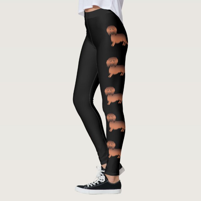 Leggings Chiens de dessin animé Dachshund à poil long rouge (Gauche)