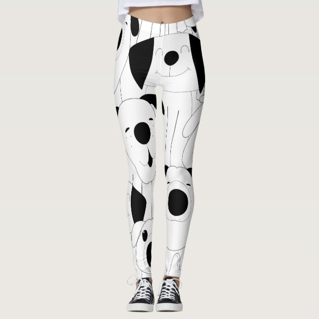 Leggings Chiens mignons : dessin animé noir, blanc. (Devant)