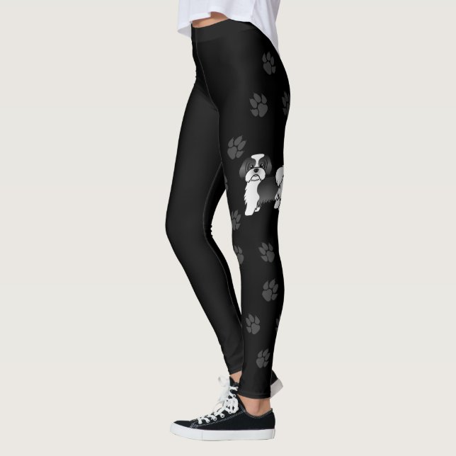 Leggings Chih Tzu Cute Cartoon Chien & Paps Noir Et Blanc (Gauche)