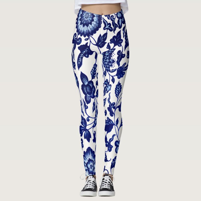 Leggings Chinois bleu marine foncé motif floral sur blanc (Devant)