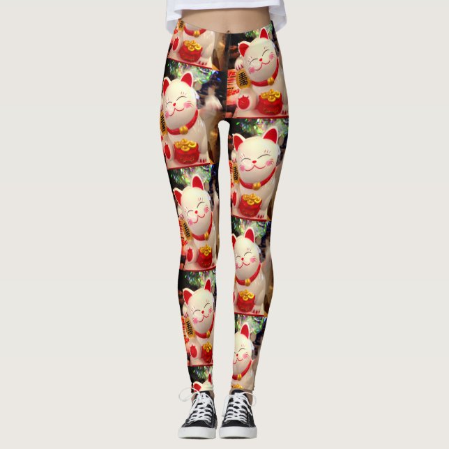 Leggings Chinois Bonne chance Waving White Chat Photo Stylo (Devant)