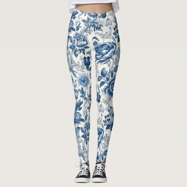 Leggings Chinoiserie Bleu et Blancs Fleurs florales (Devant)