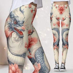 Leggings Chinoiserie Lotus Dragon Art en bleu et rose