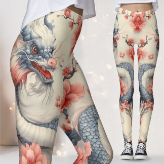 Leggings Chinoiserie Lotus Dragon | Blue & Pink Art