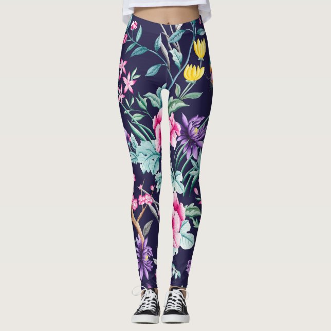 Leggings Chinoiserie oiseaux et fleurs minuit légende bleue (Devant)