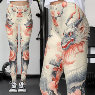 Leggings Chinoiserie Sakura Dragon   Art en ardoise et rose