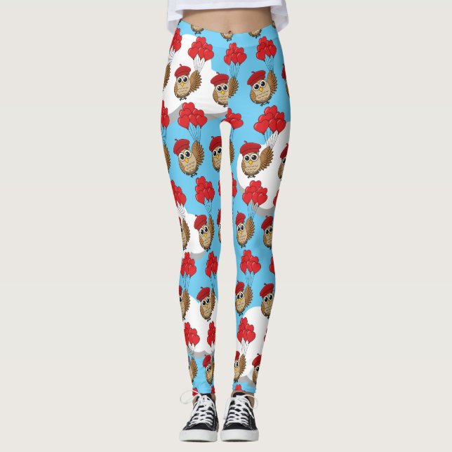 Leggings Chouette mignonne volant avec des ballons de coeur (Devant)