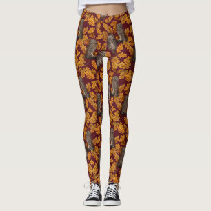 Leggings Chouettes d'automne sur rouge foncé