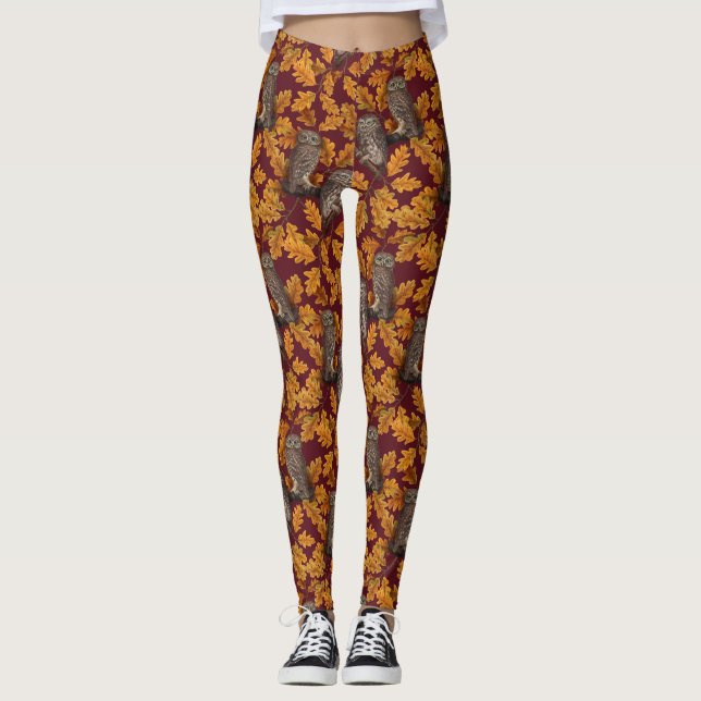 Leggings Chouettes d'automne sur rouge foncé (Devant)