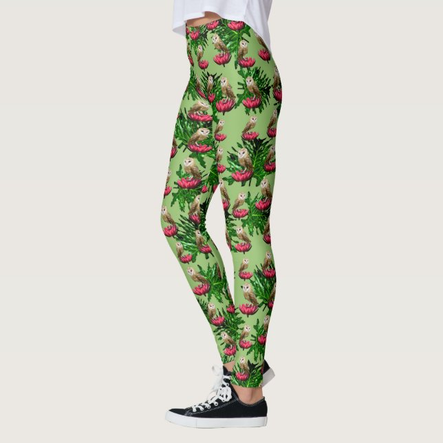 Leggings Chouettes, Fleurs De Lotus Feuilles Et Roses, (Gauche)
