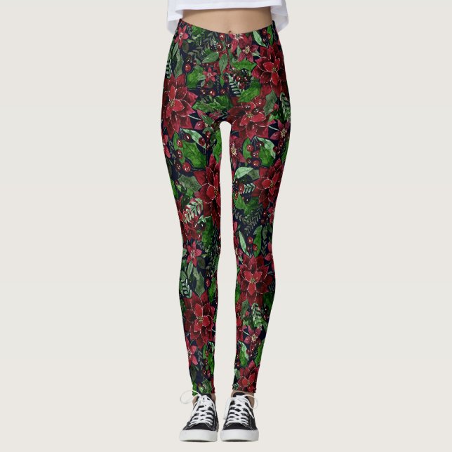 Leggings Christmas Burgundy Poinsettia Flowers Watercolor (Devant)