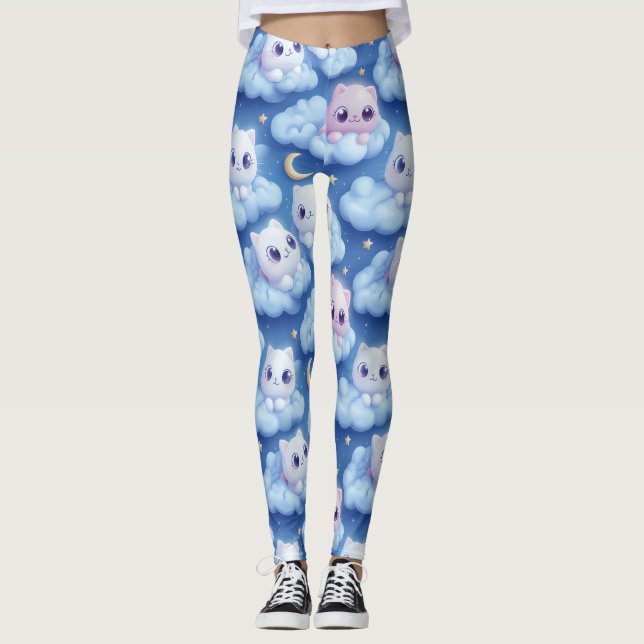 Leggings "Chubby Kawaii Chats et nuages 3D Motif sans coutu (Devant)