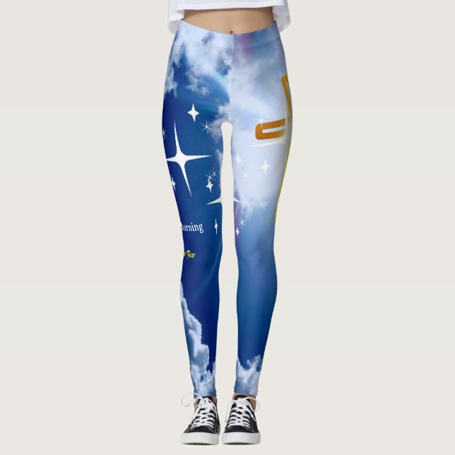 Leggings Ciel bleu avec nuages blancs et Croix d'or (Devant)