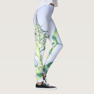 Leggings Ciel bleu Vert Plante Feuilles Fleurs violettes