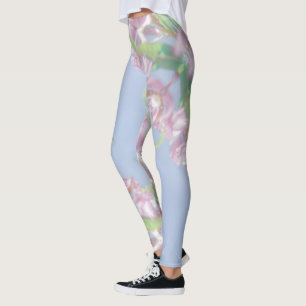 Leggings Ciel bleu Vert Plante Feuilles Fleurs violettes