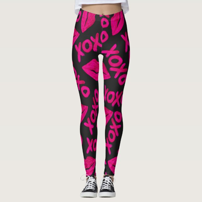Leggings Citation XOXO noir Neon rose lèvres Motif (Devant)