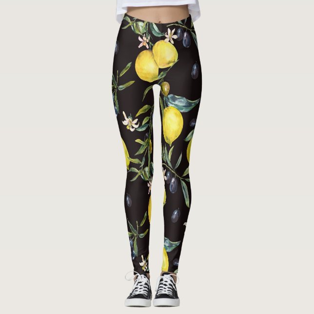 Leggings Citron, branches d'olivier : motif aquarelle. (Devant)