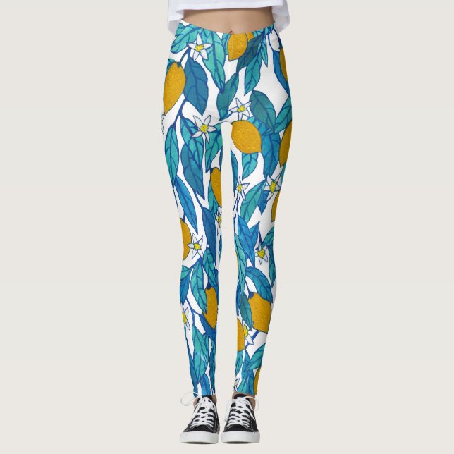 Leggings Citron fleuri : Aquarelle Florale Design. (Devant)
