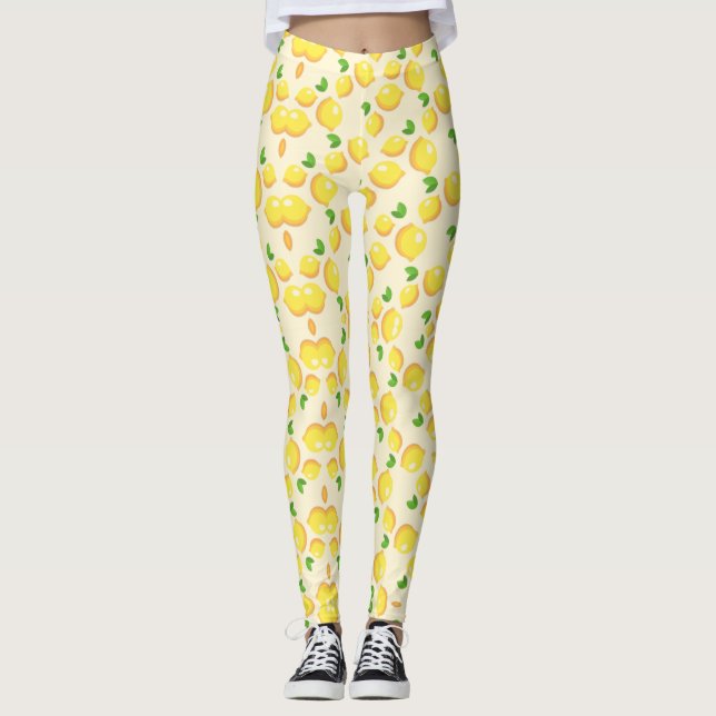 Leggings citron jaune tropical motif sur beige (Devant)