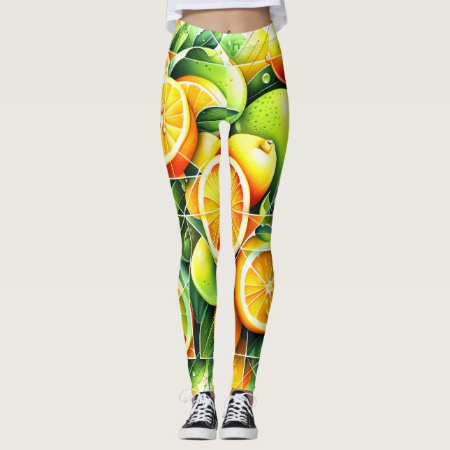 Leggings Citron Orange Botanique Citrus Géométrique (Devant)