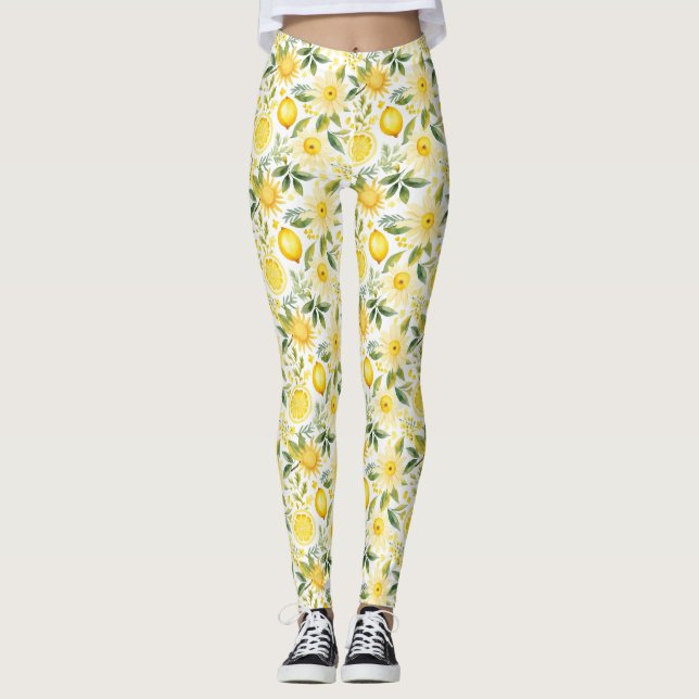 Leggings Citron vert avec Feuilles verts et fleurs (Devant)