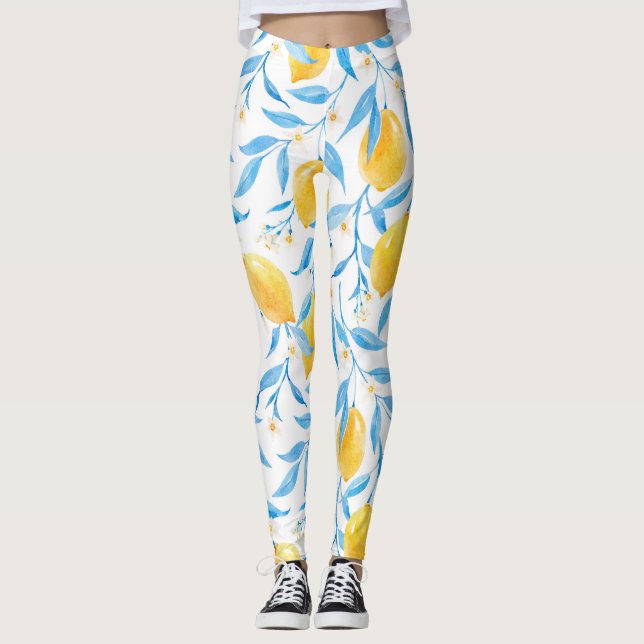 Leggings citrons aquarelle : motif dessiné à la main. (Devant)