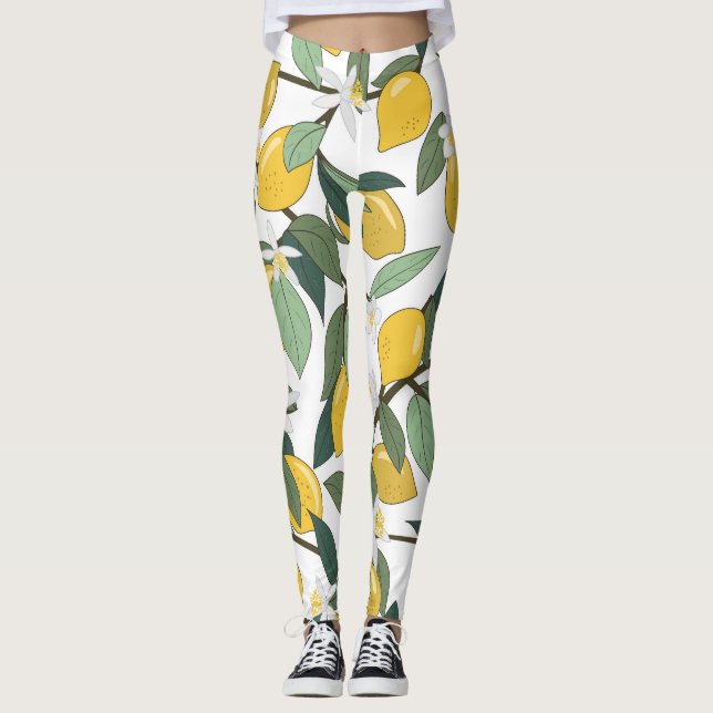 Leggings Citrons Jaunes, Impression Tropicale Sans Fil. (Devant)