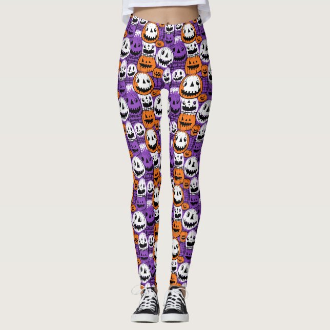 Leggings Citrouille de Halloween - Violet, Orange, Blanc (Devant)