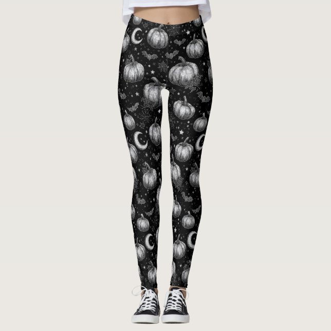 Leggings Citrouille d'Halloween noir et blanc, chauve-souri (Devant)