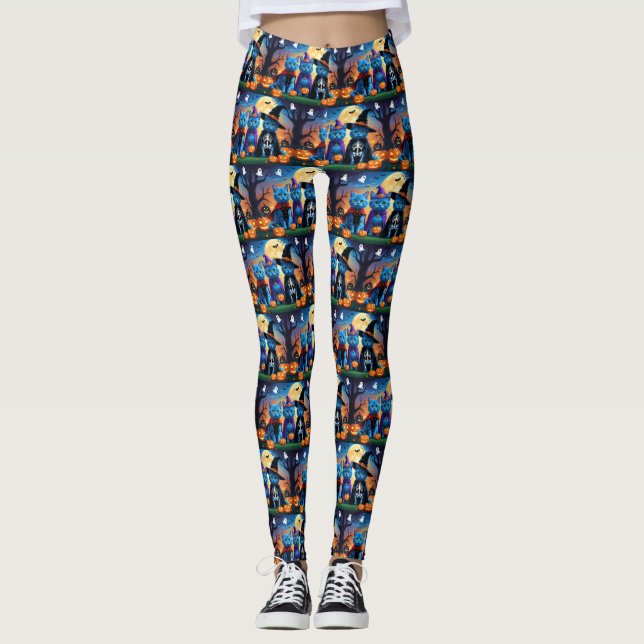 Leggings Citrouille russe Blue Cats Halloween drôle (Devant)