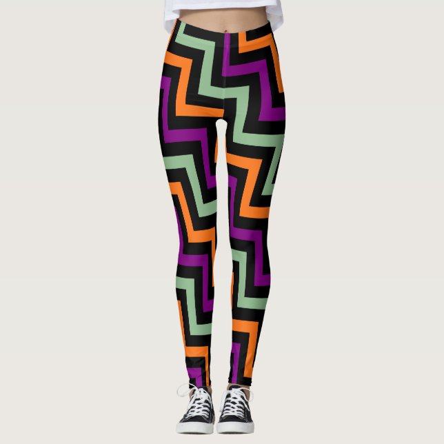Leggings Citrouille, violet, vert et noir Diagonal Chevron (Devant)